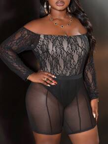Slaydiva Plus Size Women's Solid Color Long Sleeve Casual Off Shoulder Sexy Lace Bodysuit - Black - View 2