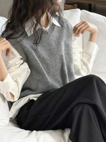 Dazy Star Jersey sin mangas de mujer con cuello en V de color liso, para primavera y otoño