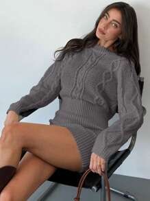 Aloruh Women's Loose Top Tight Bottom Mini Round Neck Pullover Sweater Dress - Grey - View 6