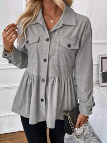 EMERY ROSE Flap Pocket Drop Shoulder Peplum Corduroy Coat Fall Winter Cloth For Women - Grey - View 5