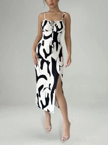 Chiquease Summer Fashion Random Printed Thigh-Slit Cami Dress Maxi Women Outfit - Apricot - View 6