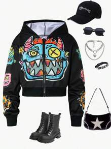 SHEIN Explorewe 姐妹/妈妈同款少女休闲趣味卡通怪兽图案美式街头嘻哈风格拉链短款卫衣 - 黑色 - 查看 5