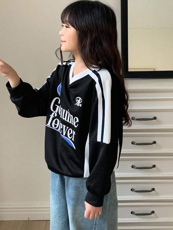 DAZY Tween Girl V-Neck Knit Letter Print Color Block Hoodie, Autumn Outfit,Back To School Clothes