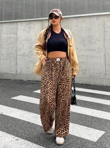 SHEIN EZwear Plus Size Women Leopard Print Woven Fabric Casual Everyday Commuting Versatile High Waist Wide Leg Loose Pants With Pockets