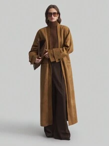 Ontre 2025 New Women's Brown Long Sleeve Casual Loose Collar-Less Trench Coat, Elegant Oversized Outerwear, For Women, Spring, Valentine's Day