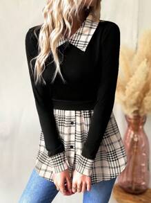 SHEIN Clasi Plaid Print Contrast Collar 2 In 1 Tee