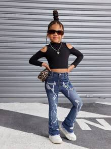 SHEIN Young Girl Graffiti Print Blue Denim Flared Elastic Distressed Jeans - Dark Wash - View 5