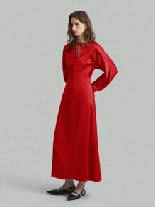 Ontre Poplin Material Women's Dress 2025 New Spring Fashion, Batwing Sleeves Elegant Formal Long Sleeve Tie-Neck Dress In Deep Red, Long Sleeve Satin Formal Gown