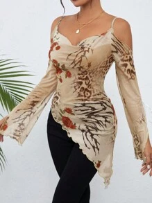 SHEIN Essnce Women Floral Print Casual Spaghetti Strap Shoulder Strap Long Sleeve Blouse - Multicolor - View 2
