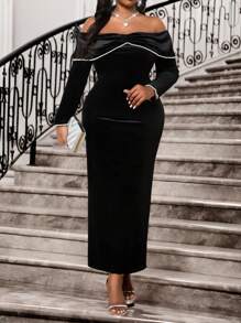 SHEIN Lady Autumn And Winter Elegant Party Wedding Valentine's Day Cocktail Party Concert/Music Festival Black Knitted Velvet Off The Shoulder Straight Tape Embellished Long Long Sleeve Plus Size Dresses Valentine's Day New Year Party Party Dress New Year Eve Dress