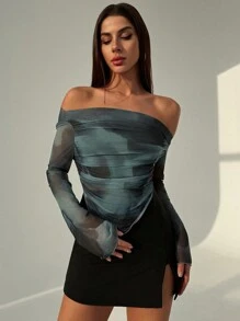 Firerie Women Elegant Design Army Green Tie Dye Gradient Print Asymmetrical Hem Strapless Long Sleeve T-Shirt - Army Green - View 3