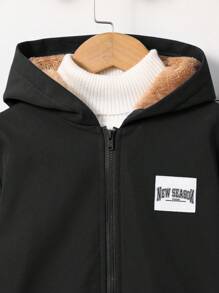 SHEIN 2 件儿童蓝色夹克和棕色保暖毛绒内裤针织两件套，适合通勤、上学、日常休闲、度假、运动、冬季和新年外出 - 黑色 - 查看 3