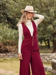 LanaWest Mono con peto de mujer de pana morado con tirantes cruzados en la espalda - Rojo violeta - Ver 7