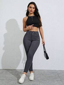 Rivivi Quần ôm vừa vặn màu trơn thường ngày cho nữ - Màu xám đen - Xem 3