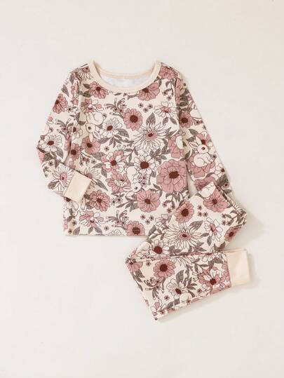 SHEIN 婴儿/女宝宝米色基础花卉印花长袖上衣和紧身裤 2 件套紧身睡衣套装