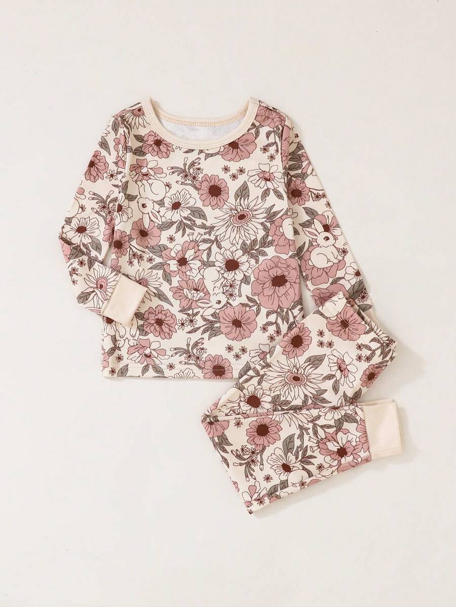 SHEIN 婴儿/女宝宝米色基础花卉印花长袖上衣和紧身裤 2 件套紧身睡衣套装 - 杏色 - 查看 1