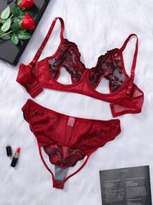 SHEIN Valentinstag Große Größen elegantes Spitzen-Patchwork Dessous-Set - Bordeaux - Übersicht 2
