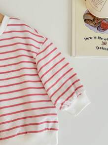SHEIN Leap Crew Baby Girl Cute Versatile Casual Cartoon Striped Long Sleeve Sweatshirt - Pink - View 3