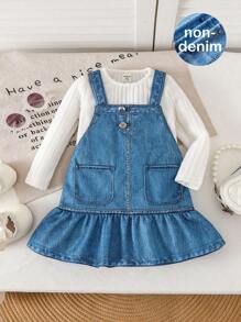 SHEIN 2 Pieces Baby Girl Knitted Long Sleeve Top And Bib Overall Dress Set, Autumn/Winter