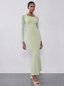 Chiquease 网眼针织松紧腰美人鱼下摆绿色连衣裙长款女装 - 綠色 - 查看 7