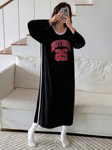 DAZY Camisón holgado con bloqueo de color e impresión de letras americanas casual para otoño e invierno