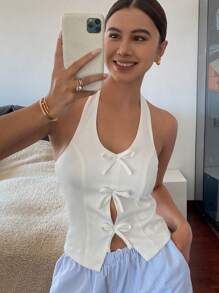 Livesso 女式大号 U 领蝴蝶结前挂脖衬衫，短款上衣，女式外出上衣 - 白色 - 查看 2