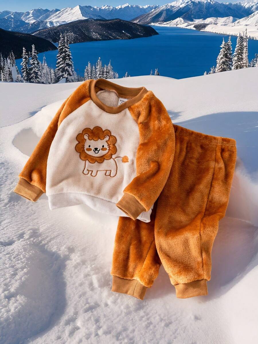 SHEIN 男婴/女婴 2 件/套 撞色可爱卡通狮子贴花插肩袖连帽衫和保暖内衬慢跑裤，适合室内外穿着，厚款适合秋冬季 - 棕色 - 查看 1