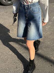 DAZY Women's Frayed Hem Button Design Denim Shorts Jorts - Medium Wash - View 5