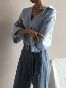 DAZY Women's Solid Color Drop Shoulder Long Sleeve Single Breasted Loose Turndown Collar Blouse For Autumn - Blue - View 5