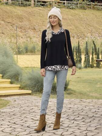 LanaWest Damen Herbst Langarm Leopard Patchwork 2-in-1 Kragen Lässig Strick Komfortable T-Shirt, zufälliges grafisches Gepard Muster T-Shirt Damen Oberteil für Frühlings-Outfit