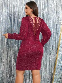 SHEIN Clasi Women Plus Size Lace Patchwork V-Neck Backless Sequin Dress - Red - View 6