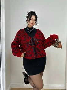 Flirla Leopard Jacquard Ribbon Tie Cardigan Sweater For New Year Clothes - Red - View 4