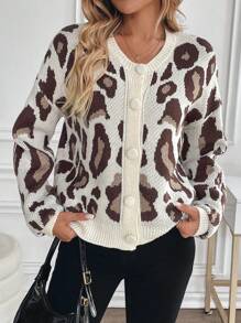 SHEIN LUNE Cárdigan de mujer de manga larga con estampado de leopardo y abotonadura sencilla, para otoño/invierno