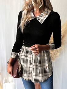 SHEIN Clasi Plaid Print Contrast Collar 2 In 1 Tee