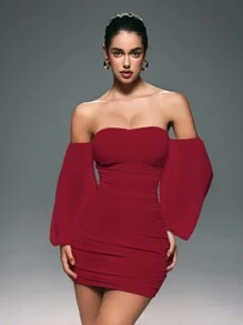 VaVaBold Vestido mini elegante y sexy de color liso, con pliegues, hombros descubiertos y espalda descubierta, ajustado