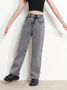 SHEIN TWEEN GIRL All-Match Casual Contemporary Street Style Snowflake Distressed Waist Elastic Waistband 5-Pocket Skinny Fit Straight Leg Jeans, All-Year Versatile And Fashionable Denim Essential