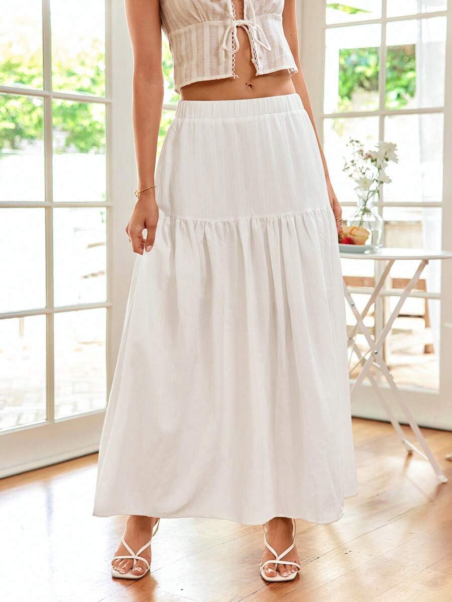 SHEIN VCAY Women's Solid Color Simple Casual Daily Wear Long Skirt - White - View 1