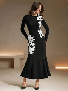 Anewsta 秋冬蕾丝刺绣花卉装饰长裙超长女装