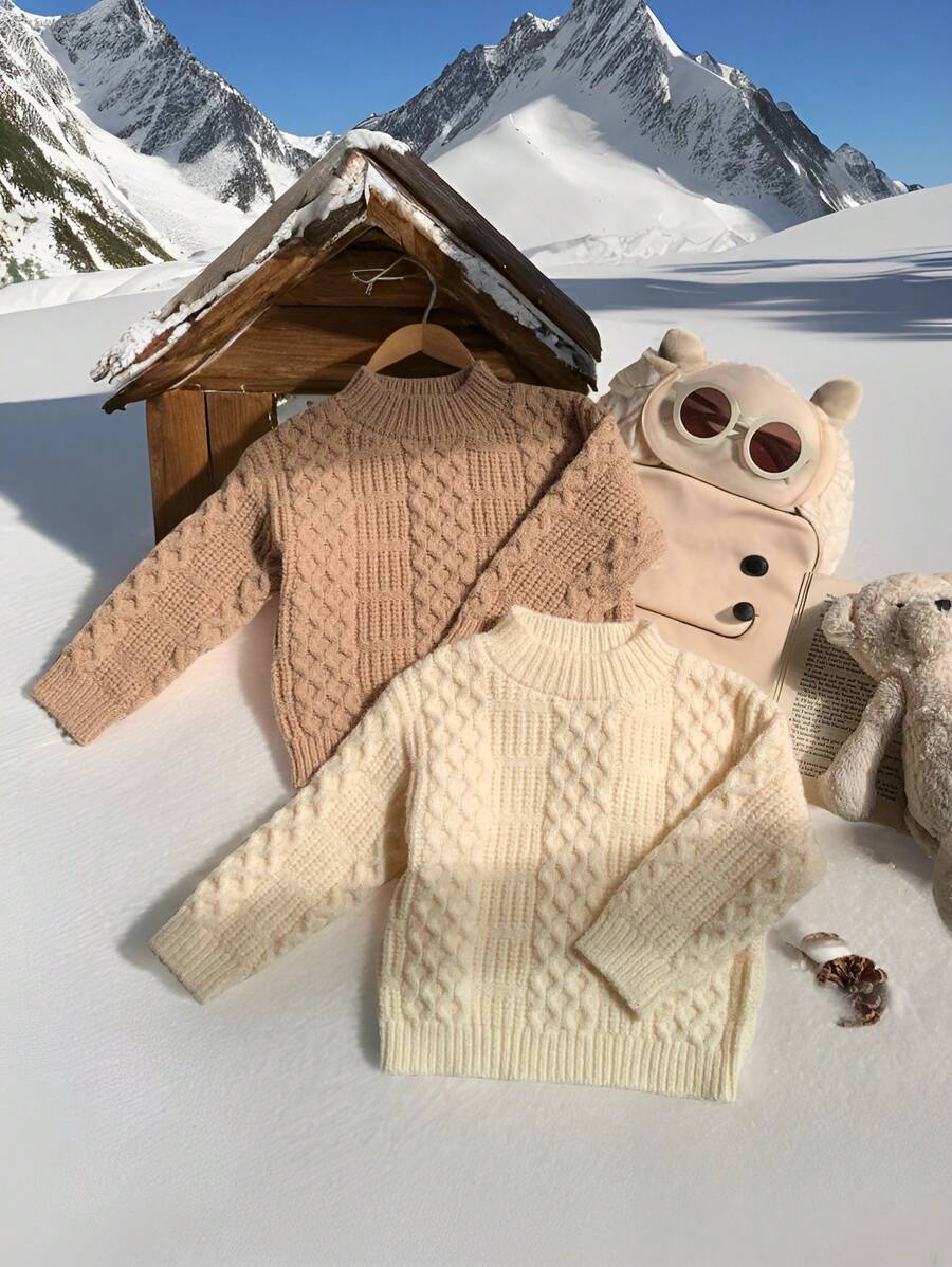 SHEIN 2 Peças Suéter de Gola Alta Grossa Marrom e Bege para Meninos, Manga Longa com Padrão Vintage Casual Versátil, Estilo Universitário Clássico Inglês, Adequado para Uso Diário, Exterior, Brincadeiras na Neve no Outono/Inverno - Multicolorido - Visão 1