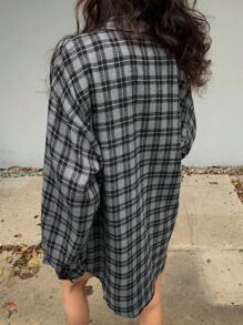 DAZY Blusa informal holgada de manga larga a cuadros para mujeres