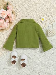 SHEIN Baby Girl V-Neck Elegant Ribbed Blouse - Army Green - View 2
