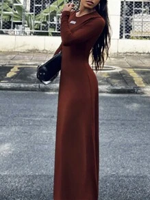 INAWLY Sexy Long Dress, Solid Color, Long Sleeve, Minimalist, Casual Everyday Wear