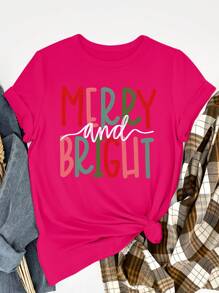SHEIN Unity Áo thun in họa tiết "MERRY AND BRIGHT" dễ thương, thoải mái, giản dị, dành cho nữ, áo phông họa tiết dành cho nữ - Màu Hồng Tươi - Xem 1