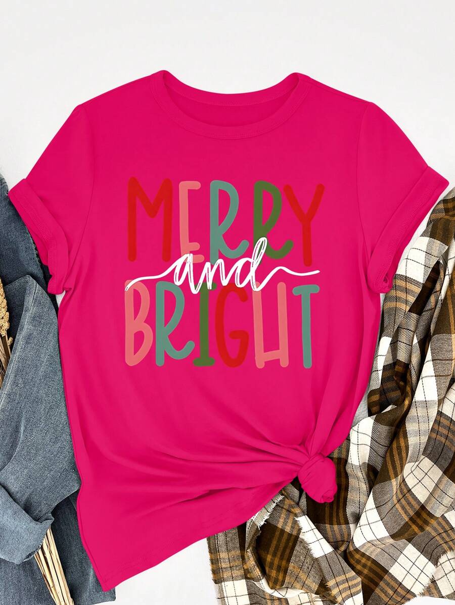 SHEIN Unity Áo thun in họa tiết "MERRY AND BRIGHT" dễ thương, thoải mái, giản dị, dành cho nữ, áo phông họa tiết dành cho nữ - Màu Hồng Tươi - Xem 1