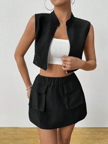 SHEIN Unity Camolă decupată casual de culoare uni și costum de fustă în formă de A, set de două piese - Negru - Vizualizare 1