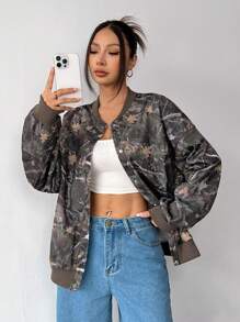 SHEIN EZwear Women's Autumn Branch Print Drop Shoulder Long Sleeve Single-Breasted Casual Baseball Jacket - Multicolor - View 5