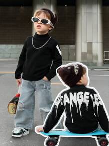Camisa de manga larga con cuello alto para niños con estampado minimalista de letras, uso casual diario
