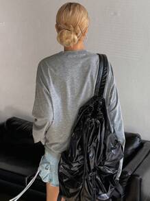 DAZY Solid Color Round Neck Loose Long Sleeve Long Length Women T-Shirt,Fall Clothes Preppy Tops