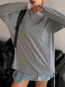 DAZY Solid Color Round Neck Loose Long Sleeve Long Length Women T-Shirt,Fall Clothes Preppy Tops