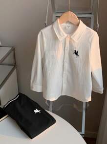 2 szt. młodzieżowy chłopięcy akademicki swobodny codzienny wygodny jeleń dekoracyjny biały kołnierzyk koszula z długim rękawem i spodnie zestaw, odpowiedni do szkoły, wycieczek, codziennych spotkań, jesień/zima